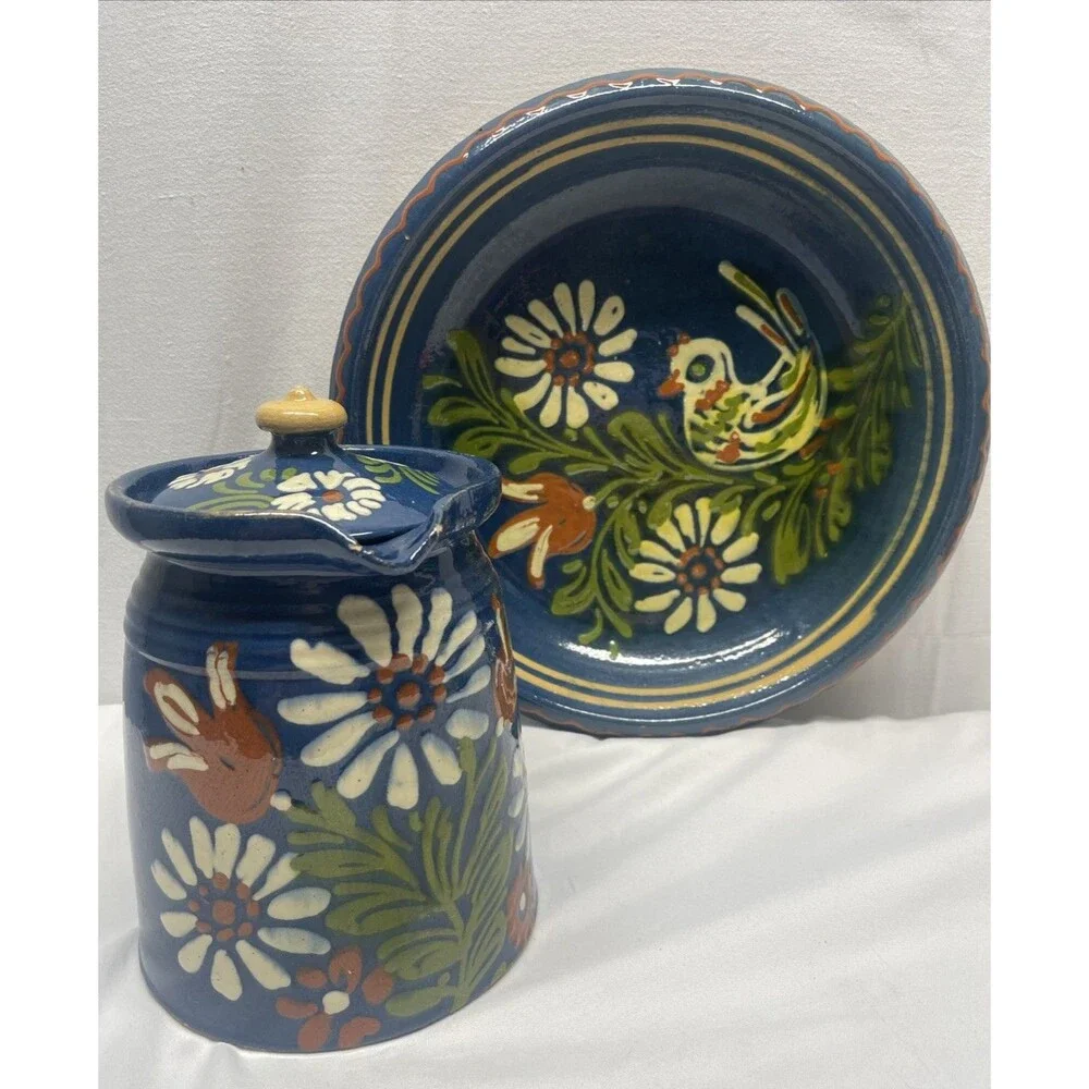 Vintage Mexican Folk Art Hand Painted Large Platter Serving Tray & Pitcher w/Lid